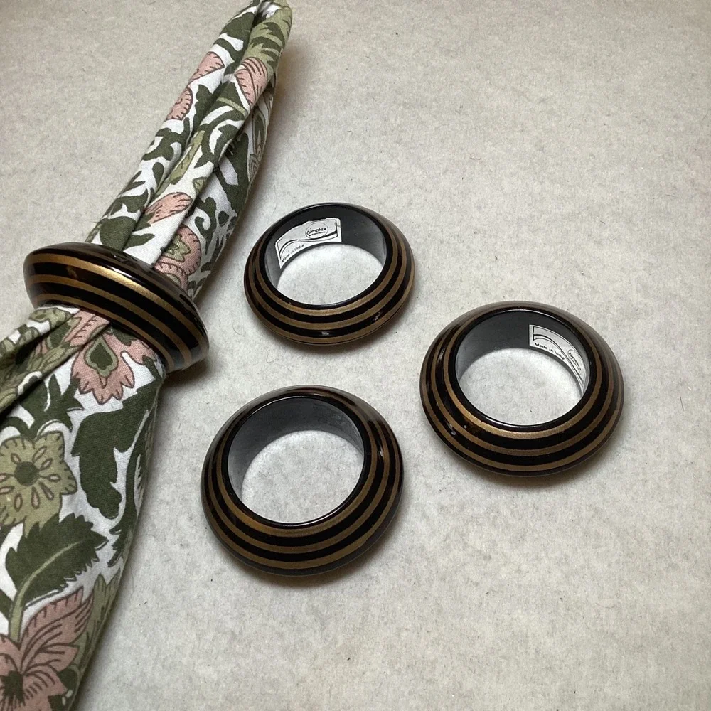 Simplex International Napkin Rings Set of 4 Black Gold Striped Made in India